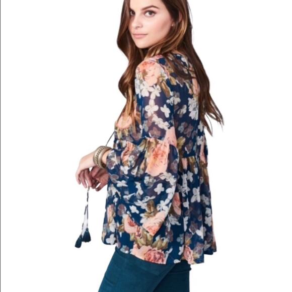 Show Me Your Mumu Poet Top Women's Sz XS Lace Up Boho Peplum Floral Semi Sheer - Picture 7 of 14
